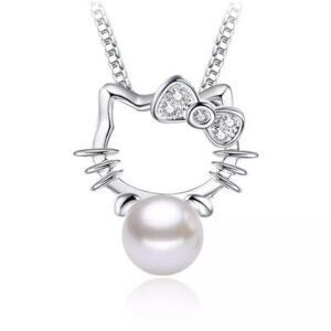 Silver Toned Hello Kitty Pendant Necklace with Pearl