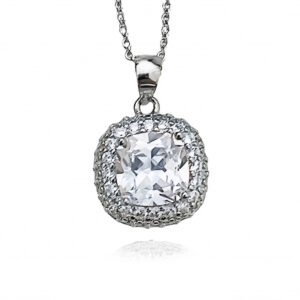 Silver Toned Large CZ Cushion Halo Pendant Necklace