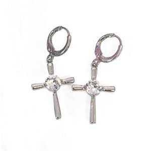 Silver Cross with Center CZ Solitaire Dangle Earrings