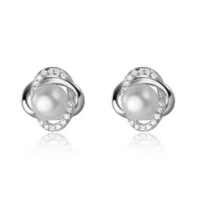 Silver Geometric Spirograph Stud Earrings with Pearl Center and CZ Micro Pave