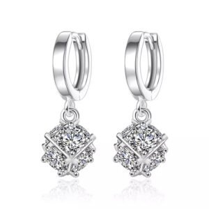 925 Sterling Silver Caged CZ Huggie Hoop Dangle Earrings