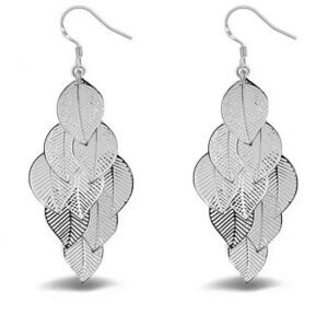 Silver Leaves Diamond Patterned Dangle Earrings