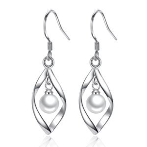 Silver Oval Twist with Pearl Center Mid-Dangle Earrings with Ear Hook