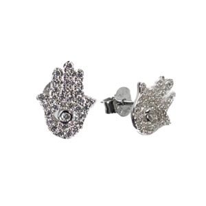 925 Sterling Silver Hamsa Minimalist Stud Earrings with Cubic Zirconia Micro Pave