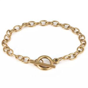 Gold Tone Stainless Steel Rolo Pulll-Through Bar Clasp Bracelet