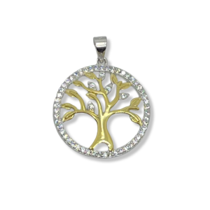 925 Sterling Silver Tree of Life Pendant with 14K Gold and CZ