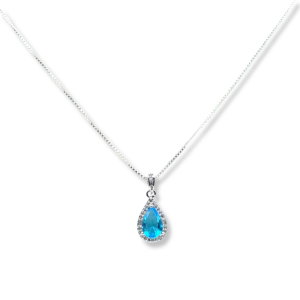 925 Sterling Silver Blue Crystal Pear Shaped Halo Pendant Necklace