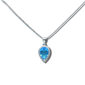 925 Sterling Silver Blue Crystal Upside Down Pear Shaped Halo Pendant Necklace