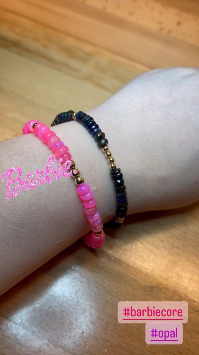New in stock:  Handmade black and pink opal bracelets with gold filled findings. Exceptional quality and just in time to celebrate the new #Barbie movie with some epic #barbiecore  style.  DM for pricing.  We can tailor the bracelets to your wrist size, if need be.  These beauties in the video are about 7 inches long — good for smaller wristed gals. 
###
#bracelets #handmade #goldfilled #goldfiledjewelry #barbiecoreaesthetic #barbiestyle #jewelryaddict #opal #opaljewelry #pinkopal #blackopal #facetedopal #pinkpinkpink #pink #pinkaesthetic #jewelrydesign #forsale #dmforprice #lasvegas #braceletstacks #gemstonejewelry #gemstonebracelet #specialdesign #uniquestyle #pinkjewelry #gemstonebracelets #jewelrygram